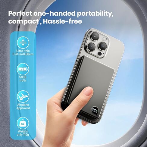 Portable Charger Power Bank, 5000mAh Ultra Slim Battery Bank with USB-C Cable & Digital Display, 22.5W Fast Charging Magnetic Battery Pack for iPhone 16/15/14/13 Series, Samsung & Android(Gray) in Saudi Arabia