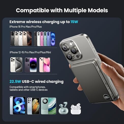 Portable Charger Power Bank, 5000mAh Ultra Slim Battery Bank with USB-C Cable & Digital Display, 22.5W Fast Charging Magnetic Battery Pack for iPhone 16/15/14/13 Series, Samsung & Android(Gray) in Saudi Arabia