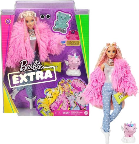 Barbie Extra Doll & Accessories with Pink-Streaked Blonde Crimped Hair in Fluffy Pink Coat with Pet Unicorn-Pig in Saudi Arabia