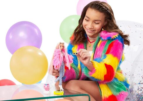 Barbie Extra Doll & Accessories with Pink-Streaked Blonde Crimped Hair in Fluffy Pink Coat with Pet Unicorn-Pig in Saudi Arabia