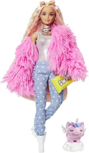Barbie Extra Doll & Accessories with Pink-Streaked Blonde Crimped Hair in Fluffy Pink Coat with Pet Unicorn-Pig in Saudi Arabia