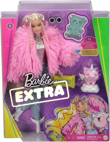 Barbie Extra Doll & Accessories with Pink-Streaked Blonde Crimped Hair in Fluffy Pink Coat with Pet Unicorn-Pig in Saudi Arabia