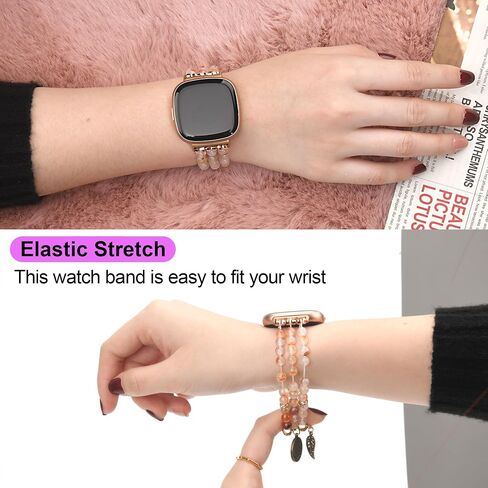 Awsmor Beaded Band متوافق مع Fitbit Versa 4/Versa 3 Bands/Fitbit Sense 2/Sense Bands للنساء ، سوار مراقبة Crystal المصنوع يدويًا للعكس 4 in Kuwait