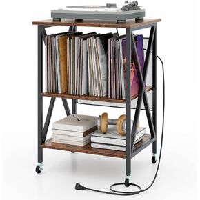 Giantex Record Player Stand, Vinyl Record Storage Table w/ 3 M-Shaped Dividers & 4 Rolling Wheels, Turntable Stand Holds Up to 250 Albums for Living Room, Office, Rustic Brown