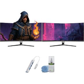 CRUA 30 inch 200HZ Curved Monitor Perfect for Gaming/Office/Dorm/Home use. Bundle Includes: 2 x 30 Inch Monitors, LCD Cleaning Kit and USB Hub