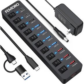 Powered USB Hub 3.2 11-Port, Type C & USB3.2 Gen2 (10Gbps)*3 + USB3.0 (5Gbps)*4 + Power-only Port*4 with 12V 4A Power Adapter Individual Switches Multiport Expander for Laptop PC Phone External SSD