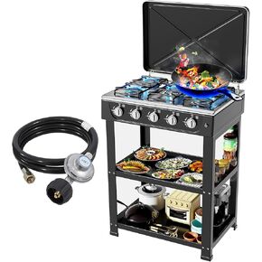 Propane Gas Stove,5 Burner Propane Burner,Auto Ignition Camping Stove with Support Leg Stand and Wind Blocking Cover Adapter, Portable Gas Stove for RV, Apartment, Outdoor Cooking
