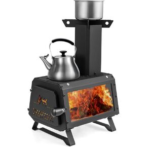 Giantex Portable Camping Wood Stove - Mini Wood Burning Stove w/ 2 Cooking Positions, Anti-scalding Door Handle & Heat Resistant Glass Window, Tabletop Fire Pit Stove for Outdoor Cooking & Heating