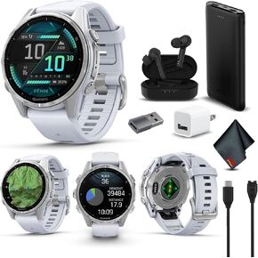 Garmin Fenix 8 43MM AMOLED Sapphire Premium Multisport GPS Smartwatch Silver with Whitestone Silicone Band, Built-in LED Flashlight, Fitness & Health Smart Watch Bundle for Men & Women
