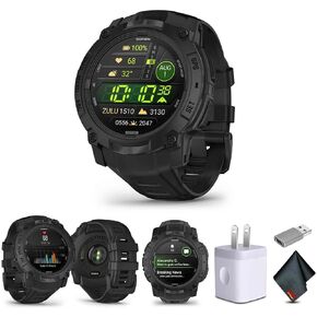 Garmin Instinct 3 Tactical Edition AMOLED 50mm Display, Rugged Outdoor GPS Smartwatch Bundle with USB Wall Charger + Microfiber Cleaning Cloth