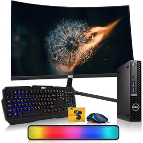 Dell Optiplex Tiny Mini Desktop PC, Intel Core i5, 32GB RAM, 1TB SSD with Dual 27 inch Curved Monitor, AI Enabled RGB Keyboard Mouse, RGB Soundbar and Webcam Windows 11 Pro (Renewed)