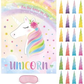 WERNNSAI Pin The Horn on The Unicorn Party Game - 21'' X 28'' Rainbow Unicorn Party Supplies Girls Unicorn Game Poster with 24 Pcs Horns Stickers for Kids School Classroom Activities