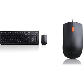 Lenovo 300 USB Combo, Full-Size Wired Keyboard & Mouse, Ergonomic, Left or Right Hand Mouse, Optical Mouse, GX30M39606, Black & GX30M39704 300 - Mouse - Right and Left-Handed - Wired - USB