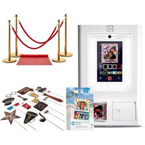 HP Sprocket Photo Booth Machine Instant Color Photo Printer (White) + Zink Paper (100 Sheets) + Red Carpet Bundle + Hollywood Props Bundle