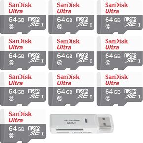 SanDisk 64GB Ultra (10 Pack) MicroSD Class 10 100MB/s Micro SDXC Memory Card for Smartphone SDSQUNR-064G Bundle with (1) GoRAM Reader (64GB, 10 Pack)