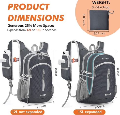 Seektop Small Hiking Backpack 12L to 15L Expandable Travel Packable Waterproof Daypack Lightweight Hiking Bag for Women Men in Kuwait