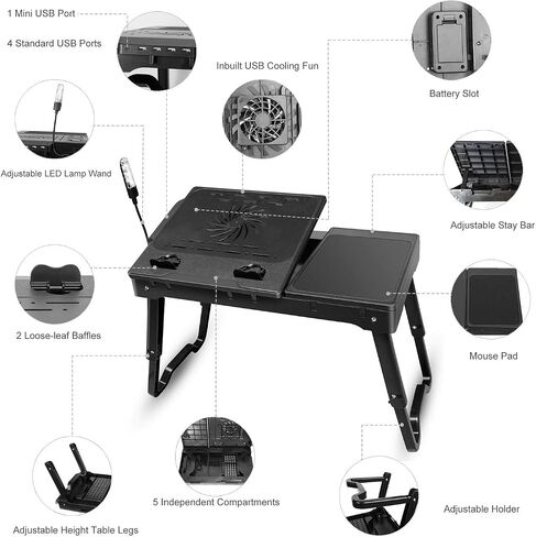 iMountek Laptop Table Bed Notebook Desk-Multi-Functional Laptop Bed Table Tray with Internal Cooling Fan, Laptop Desks with LED Light, 4 USB Ports, Storage, Mouse Pad (black) in Saudi Arabia