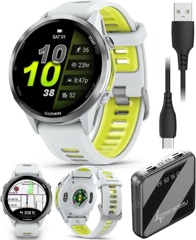 Wearable4U Garmin Forerunner 970 Titanium Smartwatch with Whitestone Case and Whitestone/Translucent Amp Yellow Band, AMOLED Display Power Bank Bundle in Saudi Arabia