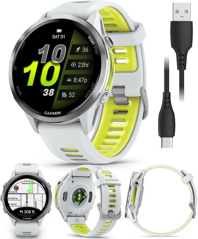 Wearable4U Garmin Forerunner 970 Titanium Smartwatch with Whitestone Case and Whitestone/Translucent Amp Yellow Band, AMOLED Display Power Bank Bundle in Saudi Arabia