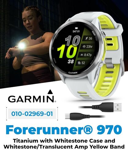 Wearable4U Garmin Forerunner 970 Titanium Smartwatch with Whitestone Case and Whitestone/Translucent Amp Yellow Band, AMOLED Display Power Bank Bundle in Saudi Arabia