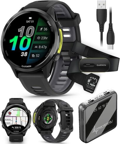 Wearable4U Garmin Forerunner 970 Titanium Smartwatch with Whitestone Case and Whitestone/Translucent Amp Yellow Band, AMOLED Display Power Bank Bundle in Saudi Arabia