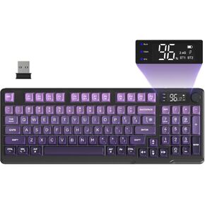 M96 Wireless Gaming Keyboard Creamy Membrane with Rainbow Backlight,Media Knob,LCD Screen,Dual Mode-Bluetooth/2.4Ghz,Ball Shape PBT Keycap 94 Key ANSI Layout for Win Mac PC Gamer(Purple)