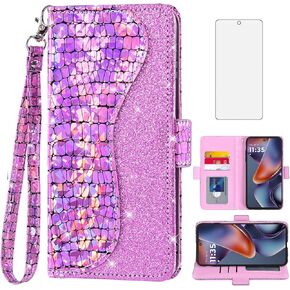 Asuwish Phone Case for Motorola Moto G 5G 2025 Wallet Cover with Tempered Glass Screen Protector and Wrist Strap Flip Card Holder Bling Glitter Stand Cell Accessories Moto G 2025 Women Girls Blue