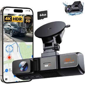 4K+1080P+1080P 3 Channel Dash Cam Front and Rear Inside with Free 64GB Card,3.2 Inch Screen Dash Camera for Cars,5.8GHz WiFi Built-in GPS, IR Night Vision Dashcam,24H Parking Mode,G-Sensor