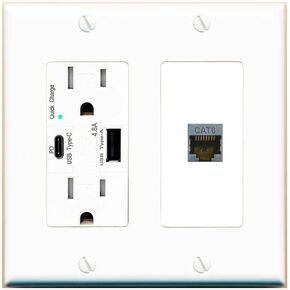 [1 Ports] CAT6-SHIELDED Wall Plate with USB A and C Chargers [White]