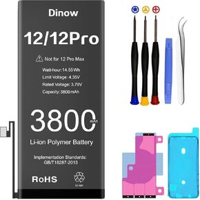 Dinow Replacement for iPhone 12/12 Pro Battery Kit, 3800mAh High Capacity, New Upgrade 0 Cycle, for iPhone 12 Model A2403/ A2172/ A2402/ A2404 with Full Set Professional Repair Tool Kits