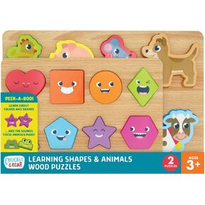 Chuckle & Roar - 2 Pack Shapes and Animals Wooden Jigsaw Puzzles - Fun and Educational - Develops Fine Motor Skills - 18 Total Wooden Pieces