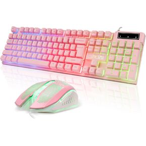 Pink Keyboard and Mouse Gaming Setup USB Wired Kawaii Combo Multi Color RGB Backlit Non-Conflict Brown Mechanical Switch Feel 4200DPI Mice for PC Game Host PS4 PS5 Computer