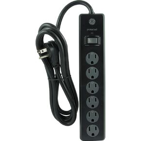 GE General Purpose 6-Outlet Surge Protector, 6 ft Extension Cord, 800 Joules, Twist-to-Close Safety Outlet Covers, Flat Plug, Protected Indicator Light, Integrated Circuit Breaker, Black, 14091