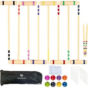 Croquet Party Set for 8 Players - Made of Long-Lasting Pine Wood, Family Fun for Backyards, Camping and More, Comes with Colorful Mallets, PE Balls, Wickets, Stakes, and Carrying Bag