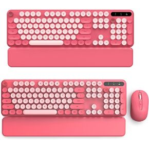 Pink 2 Pack Wireless Keyboard and Mouse Combo - Round Keycaps, Full-Size Retro Typewriter Keyboard with Detachable Wrist Rest, Sleep Mode & Tilt Legs, 2.4GHz Cordless Connection for Windows/PC