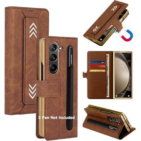 Wallet Leather Case for Samsung Galaxy Z Fold 5 with RFID Blocking Card Cash Holder & S Pen Slot, Full Protection & Screen Protector, Magnetic Luxury PU Leather Strap Case 5G 2023, Coffee