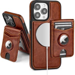 Compatible with MagSafe iPhone 14 Pro Max Case Wallet with AirTag Holder,2 in 1 PU Leather Magnetic Detachable RFID Blocking Credit Card Holder Flip Cover Kickstand for Men Women,Brown