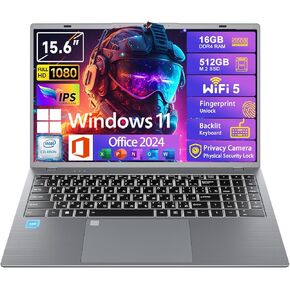 Windows11 Intel Laptop 15.6"HD Display（Celeron N5095）16GB RAM 512GB SSD Storage，With Free Office 2024 | Fingerprint Unlock | Privacy Camera | Backlit Keyboard，Suitable for Student and Business
