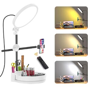 Desk Ring Light with Stand,55W Dimmable Full Screen Ring Light,with Rotating Storage Box,Pen Holder Stand,Phone Holder&Controller (Black, 10.5)