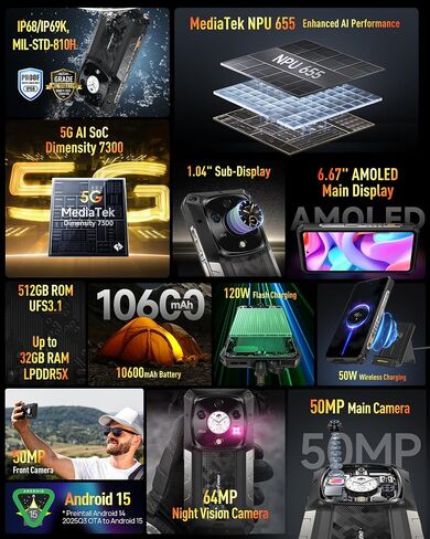 Ulefone Armor 28 Pro 5g Ai Progged Phone ، 32GB+512GB/2TB التوسع ، MTK DIMNYSERSS 7300 ، 6.67 "شاشة مزدوجة AMLOD ، 64 ميجابكسل+50 ميجابكسل+50 ميجابكسل كاميرا حقيقية ، 10600mAh/120W in Kuwait