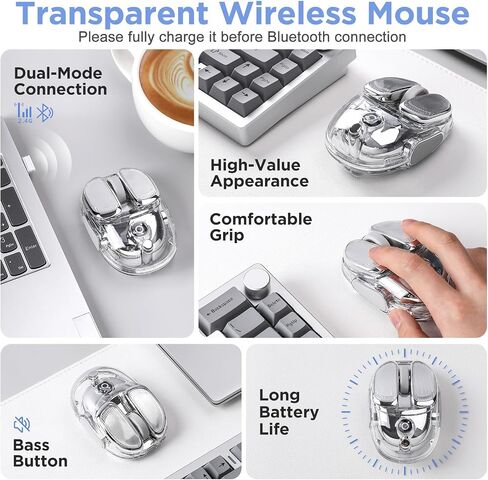 Q9 Wireless Mouse, 2.4G/BT Dual Mode, 4 Adjustable DPI (800-4800), Ultra-Quiet Click, RGB Breathing Light, 500mAh Long Battery, Portable for PC/Laptop/Mac/Tablet(Silver) in Saudi Arabia