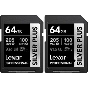 Lexar LSDSIPL064G-BNNNU Professional Silver Plus SDXC UHS-I Card V30 160MB/s Read Speed 64GB 2 Pack