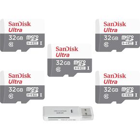SanDisk 32GB Ultra (5 Pack) MicroSD Class 10 100MB/s A1 Micro SDHC Memory Card for Smart Phones &Tablets SDSQUNR-032G Bundle with (1) GoRAM Reader (32GB, 5 Pack)