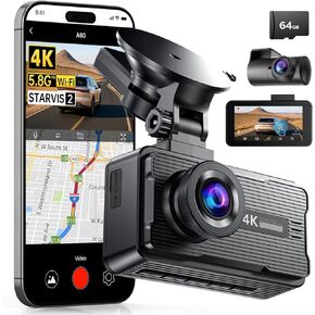 JOMISE 4K Dash Cam,5G WiFi Car Camera Built-in GPS,4K+1080P Dash Cam Front and Rear Inside,170° Wide Angle dashcam,24H Parking Mode with Loop Recording, Night Vision, 64GB Card,3-Inch Screen,Max 256GB