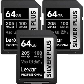 Lexar LSDSIPL064G-BNNNU Professional Silver Plus SDXC UHS-I Card V30 160MB/s Read Speed 64GB 3 Pack