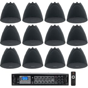 Rockville RCS350-6 Commercial Amplifier Bundle with (12) PEN-525T Black 5.25" Pendant Speakers for Bar/Cafe