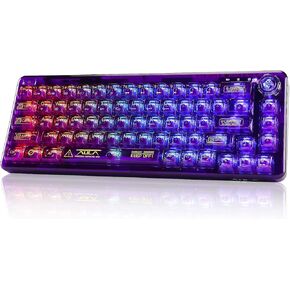 CC MALL 60% Portable Transparent Gasket Hot Swappble Mechanical Gaming Keyboard,RGB Backlit Compact 68 Clear Keycaps,Include 2.4Ghz/Bluetooth/USB-C Connections,Ice Crystal Switch(Purple)