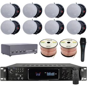 Vaiyer Home Theater System Kit - 7.2 Channel 4500 Watts Bluetooth Amplifier w/ 8 Qty of 6.5" Frameless Ceiling Speakers 200W Each, 4-Ch Speaker Selector, Mic, 16 AWG 500 ft Speaker Wire & Remote
