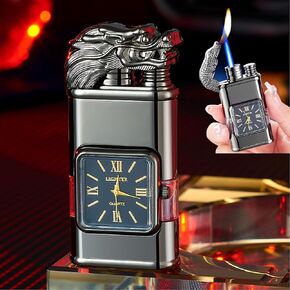 Wind-Proof Lighter Vintage Watch Bezel Jet Flame,Jet Torch/Soft Dual Flame Lighters, Cool Lighters with Adjustable Flame Dial,Refillable Butane Lighter for Outdoor Indoor Men Women (Black Dragon)