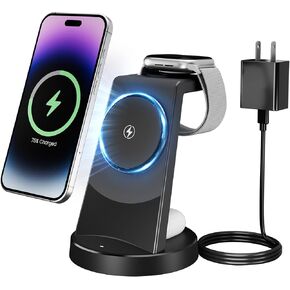 for MagSafe Wireless Charger Charging Station: 3 in 1 15W Magnetic Qi Charger Stand for iPhone 16e 16 15 14 13 12 Pro Max for Apple Watch 10-2 SE&Ultra for AirPods 4 3 2 pro Desk Nightstand Bedside